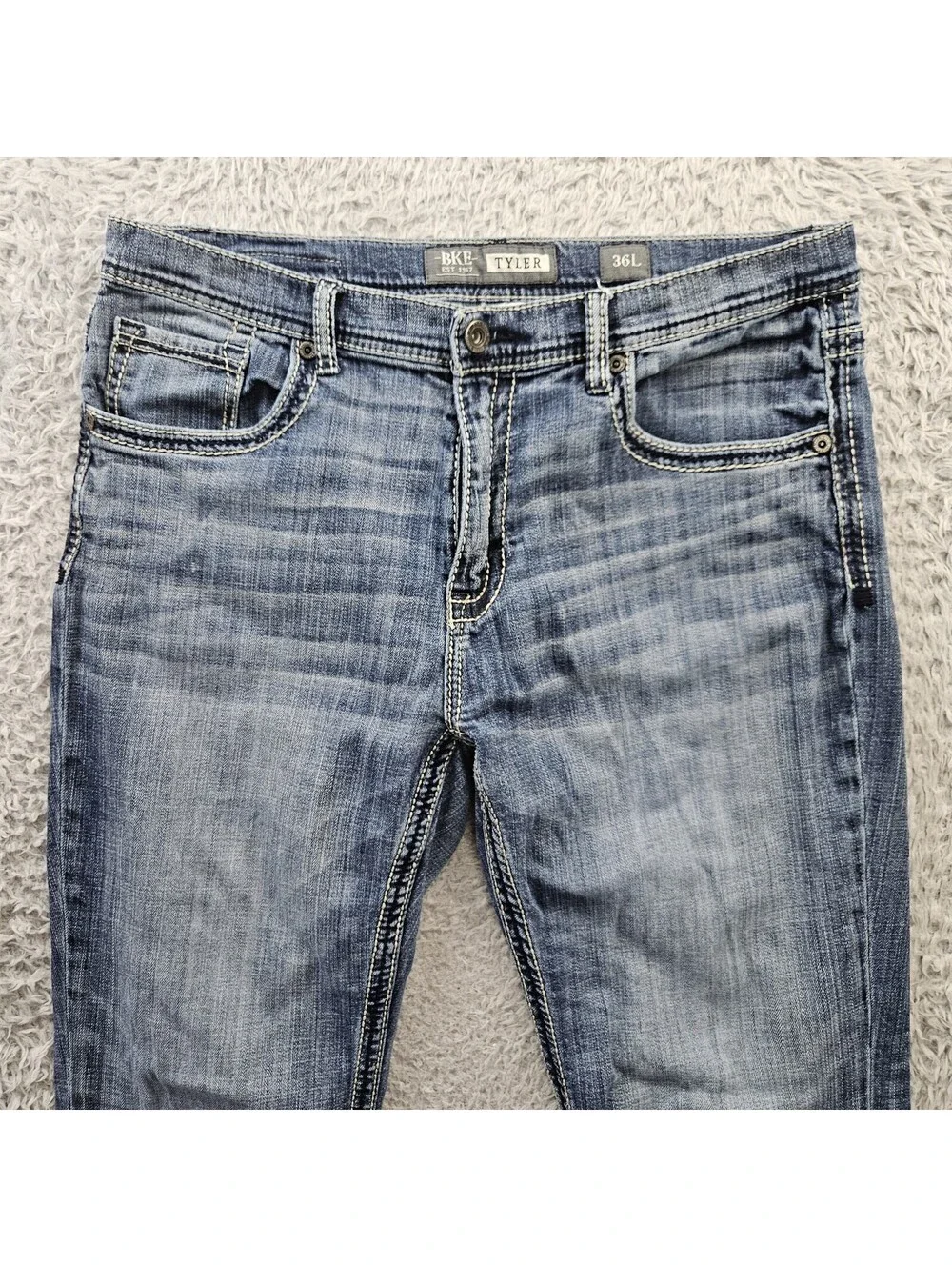 BKE TYLER Jeans Men Straight Leg 36L (Fits 36x33) Whiskering Stretch Denim *Hem